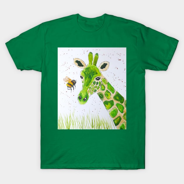 Cute Green Giraffe and a Bumble bee T-Shirt by Casimirasquirkyart